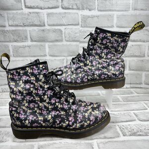 Dr. Martens 1460 W Lace Up Black Floral Print Smooth Leather Boots Women's 9
